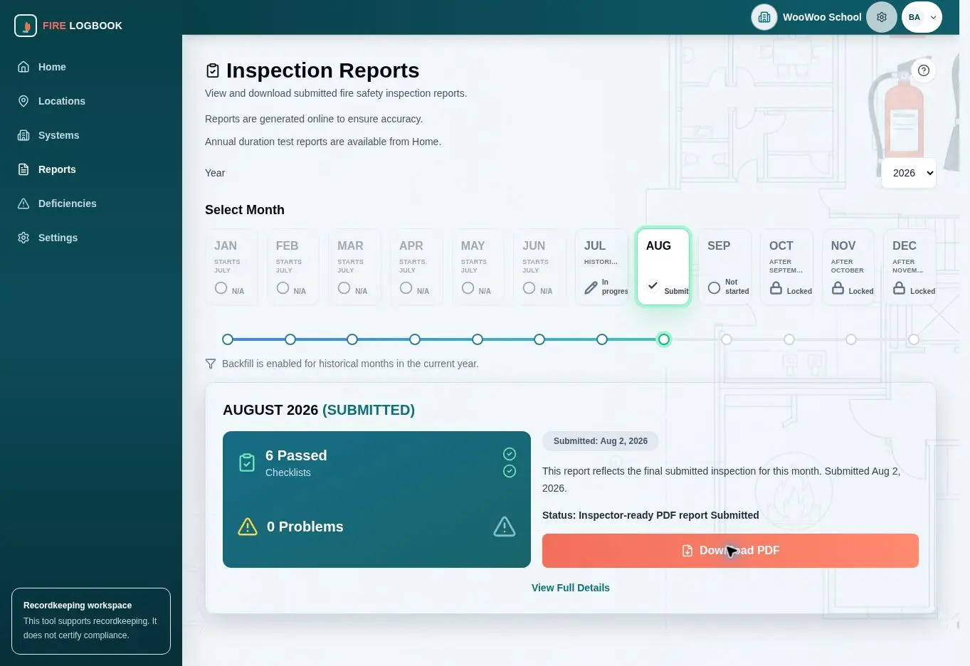 NiktaFire reports page with monthly completion status and PDF download